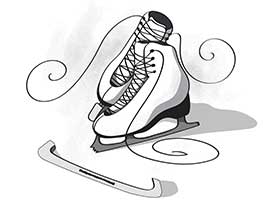 A styled digital drawing of a pair of ice skates. 