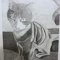 Graphite drawing of a cat with the body of a dog