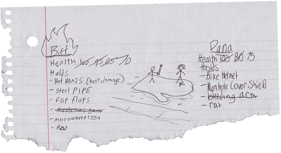 The playersheets for Biff and Dana. Both have acquired some holds and taken some damage.