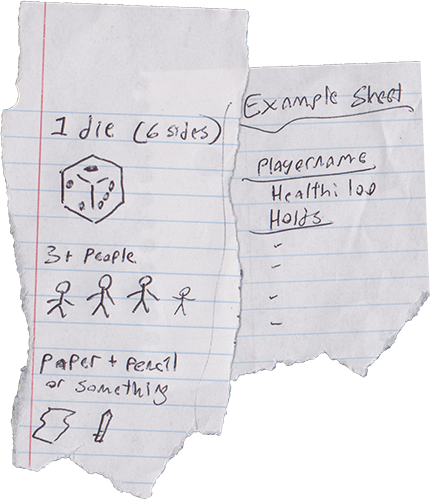 A doodle of the materials needed and an example of a player sheet. The player's name, a Health stat, and a Holds list
