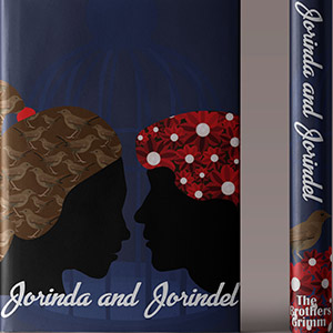 Silhouette of Jorinda and Jorindel with birdcage in the background
