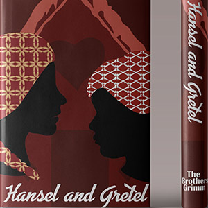 Silhouette of Hansel and gretel with the gingerbread house in the background