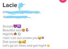 tinder woman describing her outdoor and weed hobbies