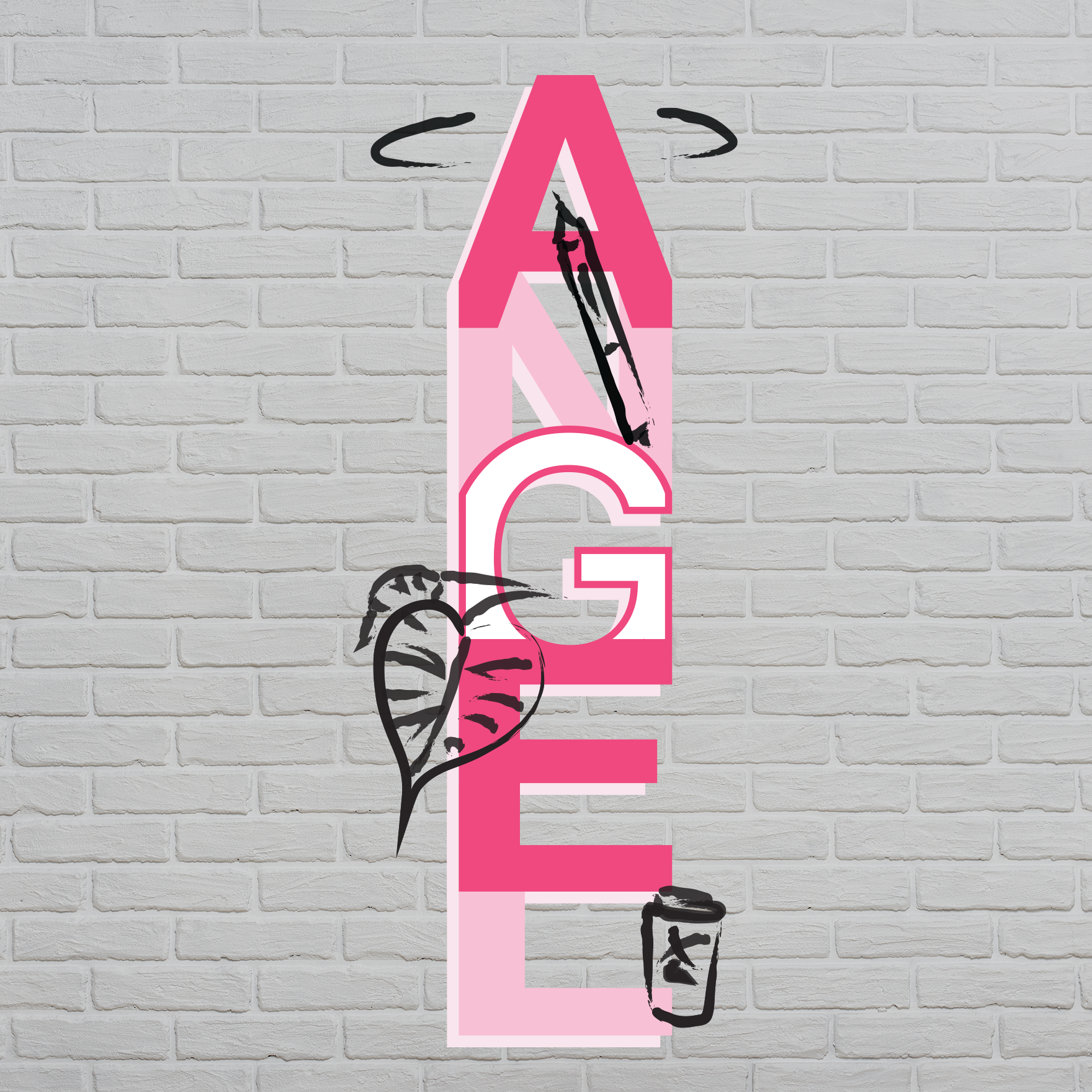A poster with a white brick background and a large, pink typeface that reads 'Angel', with a hand drawn doodle of a Halo, Tablet Pen, Monsera Leaf, and Coffee Cup.