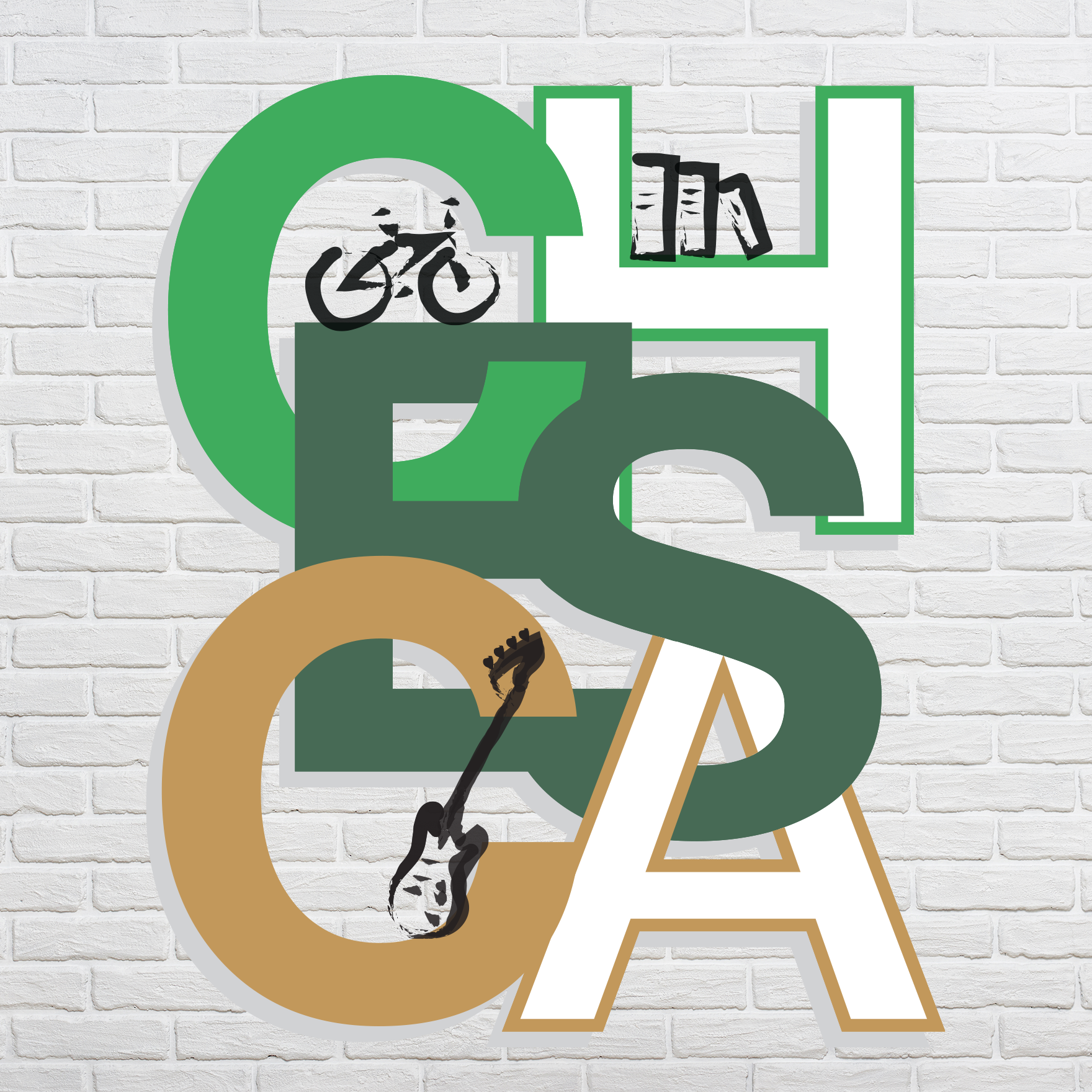 A poster with a white brick background and a large, green and gold typeface that reads 'Chesca', with a hand drawn doodle of a Bicycle, Books, and a Bass Guitar