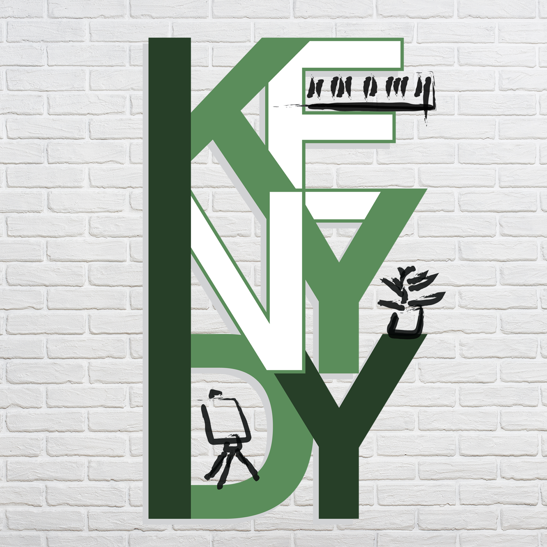 A poster with a white brick background and a large, green typeface that reads 'Kenydy', with a hand drawn doodle of a Piano, Plant, and Easel.