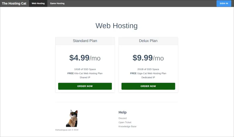 Screen shot of a version of Feline Cloud from 2018 that used Bootstrap