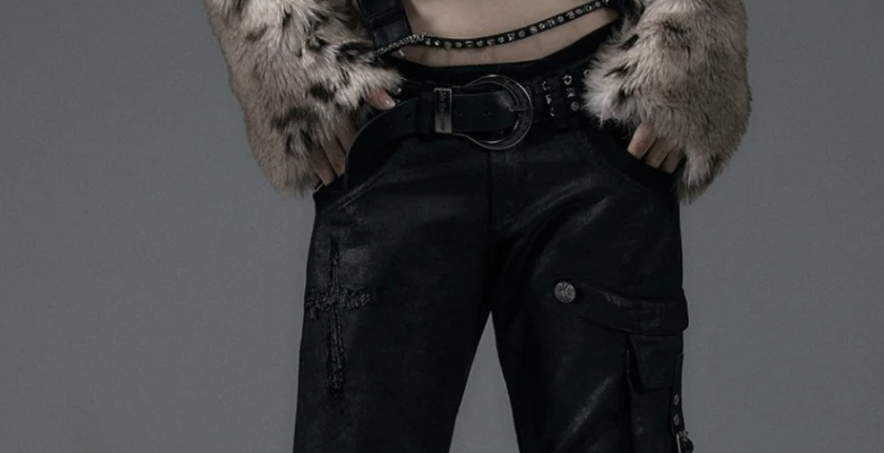 fluffy leopard print coat and oversized pants with a large buckled belt