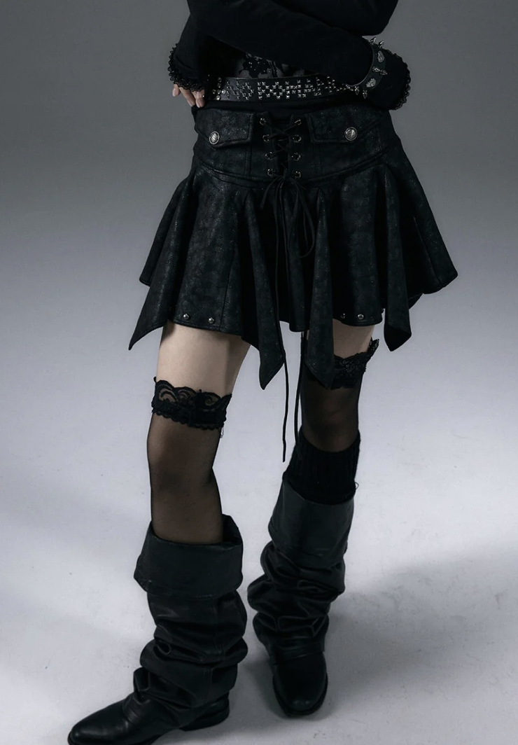 black tie-up mini skirt with ruffles