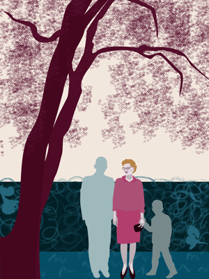 Digital painting of woman standing with husband and child under a tree.