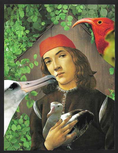 Collage of a young man from the Renaissance holding a bird and sitting in front of a giant birdhouse.