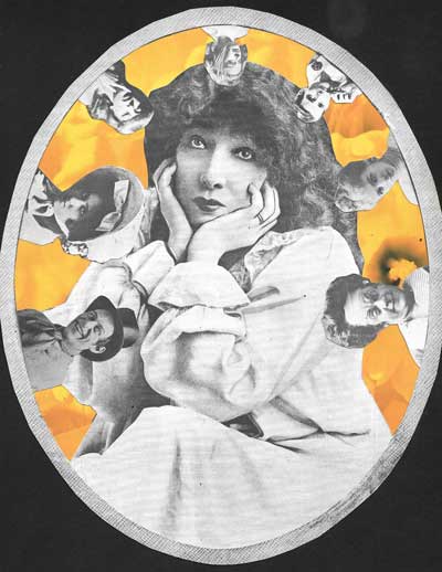 Circular collage of black and white photographs of actors from American history against a yellow background.