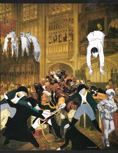 Collage showing a stately room in chaos with men dueling or hanging from the balcony while a woman watches, unimpressed.