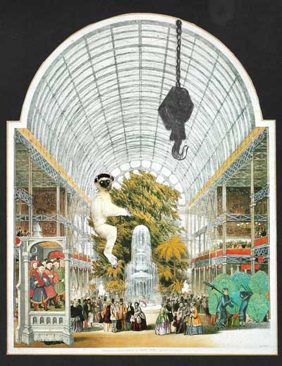 Collage of a Victorian mall with a giant lemur sitting in a tree and men from the Renaissance romping about.