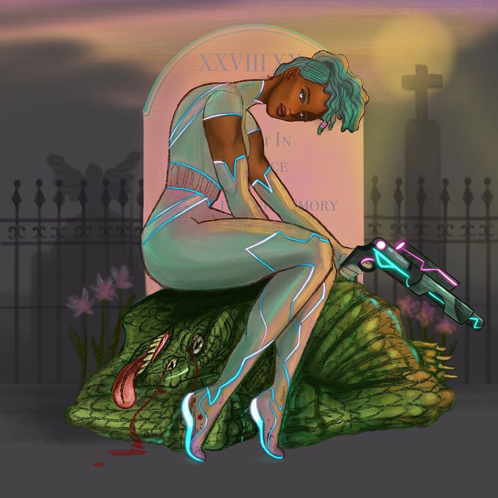 Digital illustration of a woman wearing a futuristic suit with glowing lines. She is holding a futuristic gun and looking at the viewer. She is sitting on top of a deceased lizard monster in a graveyard.