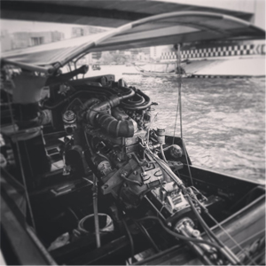 Thai Boat with car engine for motor, black and white