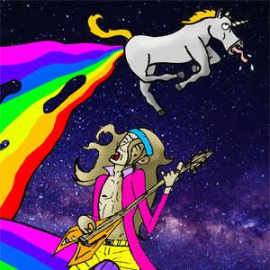 Man guitar soloing on a rainbow produced from a unicorns bottom