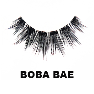 Dramatic volume lashes called boba bae. Invisible band, with the outer left hand and right hand corners being somewhat smaller than the flaring middle lashes.