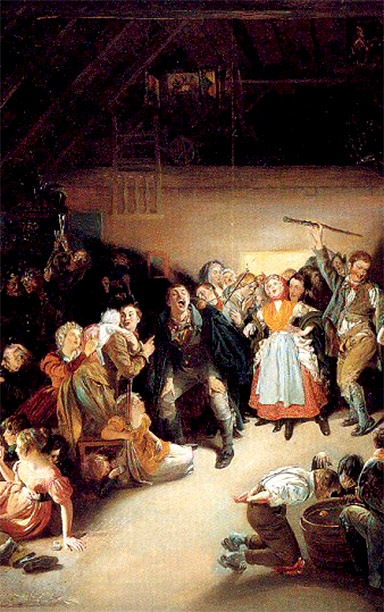 An old painting depicting a roucous celebration of people in bonnets and pilgrim attire.