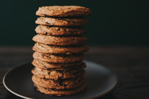 A tall stack of our chocolate chip cookies.
