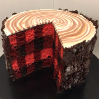 A cake that looks like a log on the outside with plaid on the inside. Click here for a larger picture.