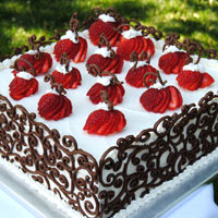 A cake with swirling chocolate vines on the sides with sliced strawberries on top. Click here for a larger picture.