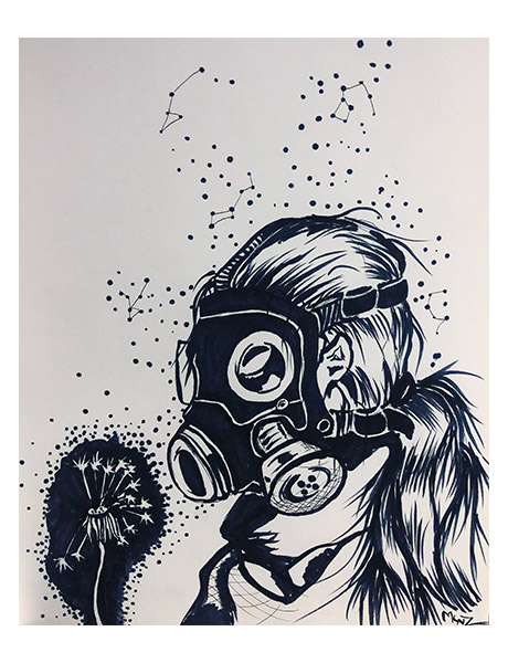 Ink, girl in gas mask with dandelion