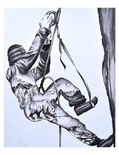 Graphite, rock climber with wilderness inside of his contour