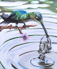 Hummingbird drowning a gas mask in water
