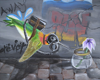 hummingbird in gas mask flying towards flower in a jar in graffiti streets