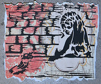 A girl looks down at a hummingbird in a gas mask