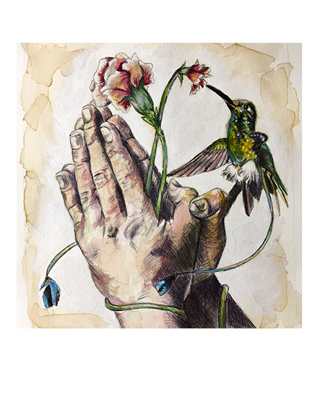 Acrylic ink, pen, and oil. Praying hands with flowers and a hummingbird