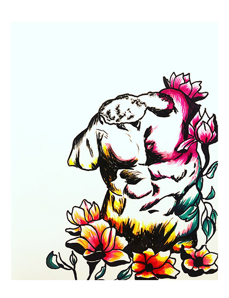ink, man's torso and flowers