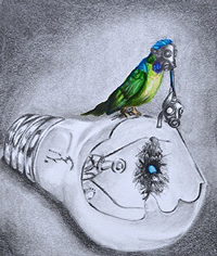 hummingbird in gas mask standing on a broken lightbulb holding another gas mask. A nest with a blue egg lies inside the lughtbulb