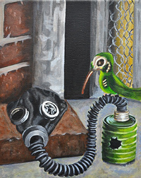 Hummingbird with exposed sull standing on an oxygen tank with a bullet hole in it. The bird looks down on the gas mask.