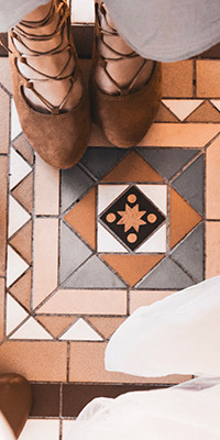 colorful tile shapes and bridesmaids