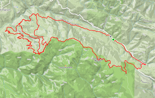 A map of a trail highlighted in red 