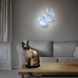 Photoshop edit of a saimese cat sitting on a coffee table, looking at a jelly fish floating above them.