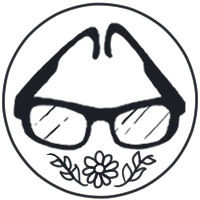 Circular logo with flowers underneath square glasses