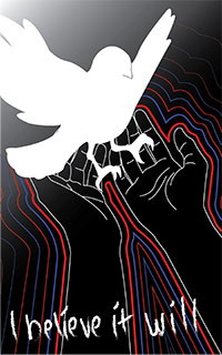 A white bird lands in a person's outstretched hands, while red and blue lines emanate from the hands