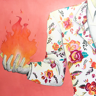 Painting of a man in a flowered suit holding a ball of fire in his right hand