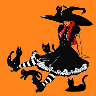 Halloween witch sitting on ground, surrounded by 5 black cats
