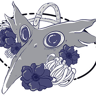 Digital art of a plague doctor mask surrounded by flowers