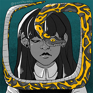 Portrait of a woman with a snake wrapping around her head