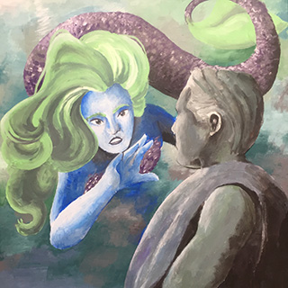 Acryllic painting of a mermaid examining an underwater statue