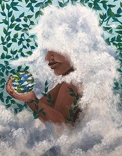 A woman with clouds for hair holds the panet earth in the palm of her hand. Vines decorate the background.