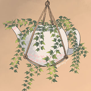 Digital drawing of a hanging house plant inside of a teapot