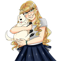 Self portrait of the artist holding a golden retriever puppy