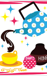 A teapot pours tea into a teacup, with a bowl of sugar and pot of honey to the right. The words Tea Time are located on the bottom left