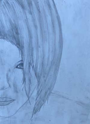 Drawing of the left half of a woman's face.